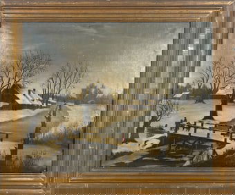 AMERICAN SCHOOL (19th Century,), Winter landscape with figures crossing a bridge., Oil on canvas,