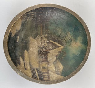 WOODEN BOWL WITH PAINTED DECORATION OF A WINTER SCENE