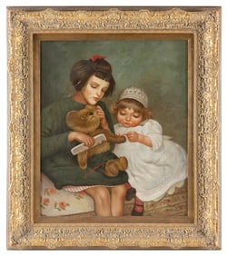 FRANK RYAN (America, 20th Century), Two girls with a teddy bear., Oil on canvas, 24" x 20". Framed