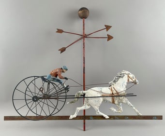 PAINTED MIXED METAL HORSE AND SULKY WEATHER VANE 20th Century Height 22". Length 28".