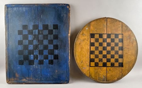 TWO PAINTED WOODEN GAME BOARDS 20th Century Lengths 19" and 24".