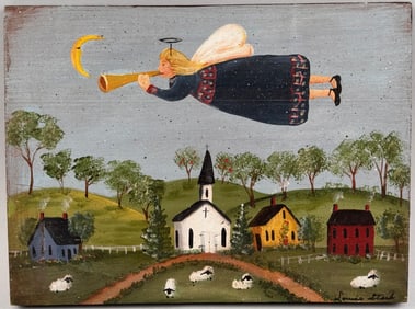 LOUISE STARK (20th Century,), Primitive-style village landscape with a trumpeting angel, painted on
