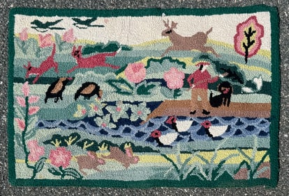 HOOKED WOOL RUG DEPICTING A FOLK-ART STYLE LANDSCAPE China, 20th Century 24" x 36".
