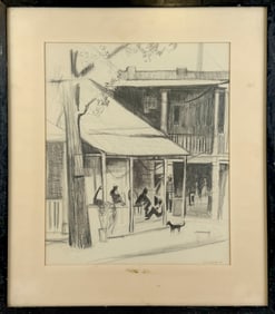 ELAINE RICK (America, 20th Century), Figures on a porch., Mixed media on paper, 18" x 15" sight.