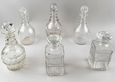 SIX CLEAR GLASS DECANTERS 19th/20th Century Heights from 8" to 11".