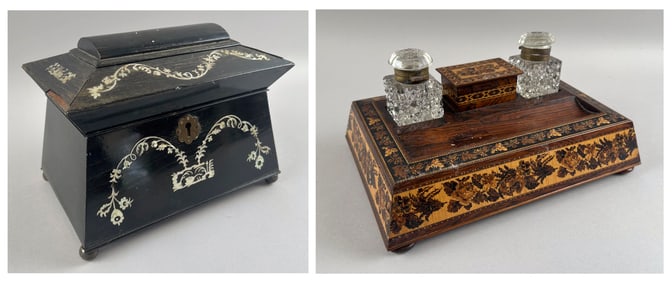 INLAID TEA CADDY AND A TUNBRIDGE WARE INKWELL Late 19th/Early 20th Century Heights 4.75" and 7.5".