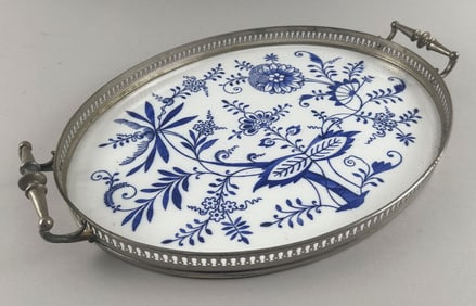 SILVER PLATE AND PORCELAIN SERVING TRAY Germany, 20th Century Height 2". Length 18". Width 12".