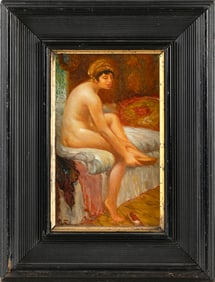 CONTINENTAL SCHOOL (Late 19th Century,), Renoir-style nude in an interior., Oil on board, 6.75" x
