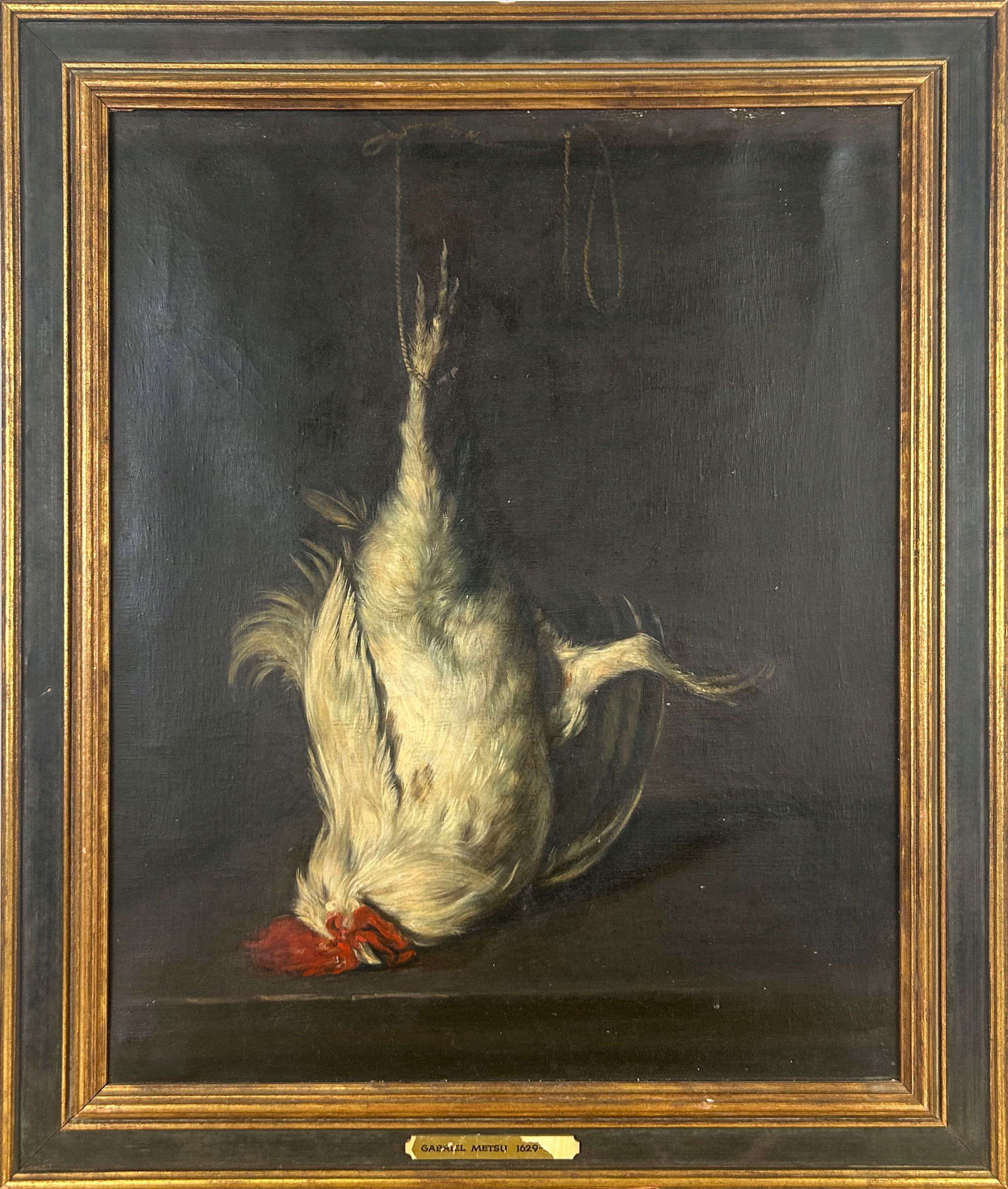 AFTER GABRIEL METSU (20th Century,), Copy of "Dead Cockerel", Oil on canvas, 22" x 18". Framed 26.5": AFTER GABRIEL METSU20th CenturyCopy of "Dead Cockerel", after the original in the Museo Del Prado, Madrid. Unsigned.Oil on canvas, 22" x 18". Framed 26.5" x 22.5".