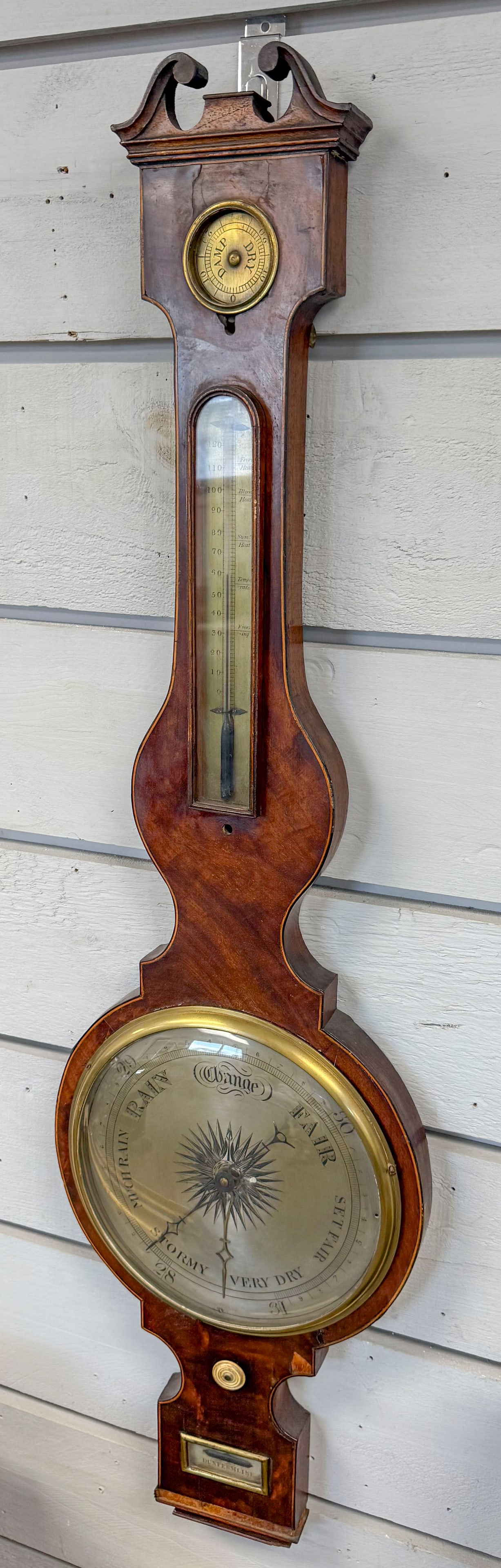 WATSON & MARTIN, DUNFERMLINE BAROMETER 19th Century Height 42.5".: WATSON & MARTIN, DUNFERMLINE BAROMETER19th CenturyMahogany case with broken arch top and bone knob.Height 42.5".