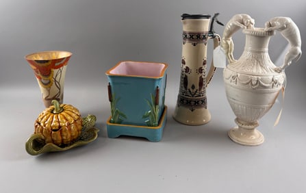 FIVE CERAMIC VESSELS 19th Century Heights from 5" to 14".