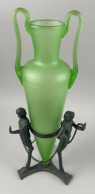 GREEN SATIN GLASS AMPHORA VASE IN SATYR-FORM METAL BASE Early 20th Century Height 14".
