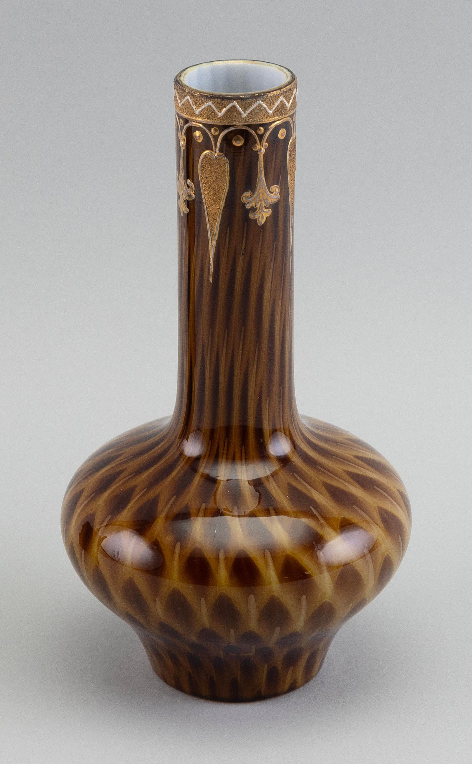 CONTINENTAL GILT OVERLAY AMBER GLASS VASE Early 20th Century Height 8.5".: CONTINENTAL GILT OVERLAY AMBER GLASS VASE Early 20th Century Height 8.5".