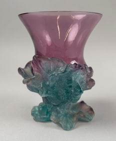 DAUM NANCY "BACCHUS" AMETHYST AND GREEN P?T? DE VERRE VASE 20th Century Height 4.25".