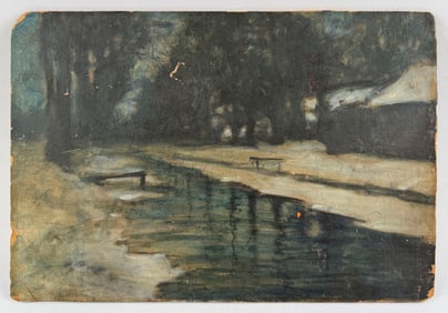 AMERICAN SCHOOL (Late 19th Century,), Frozen river., Oil on board, 9.75" x 14.25". Unframed.
