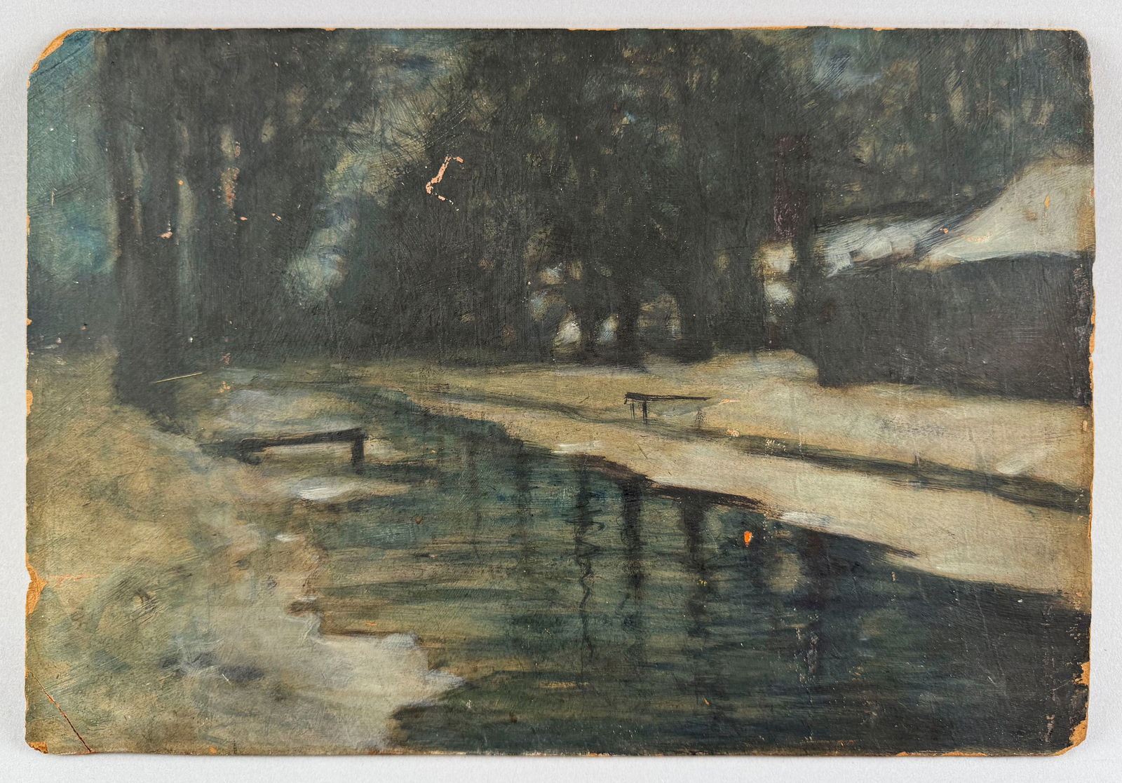 AMERICAN SCHOOL (Late 19th Century,), Frozen river., Oil on board, 9.75" x 14.25". Unframed. (1 of 2)