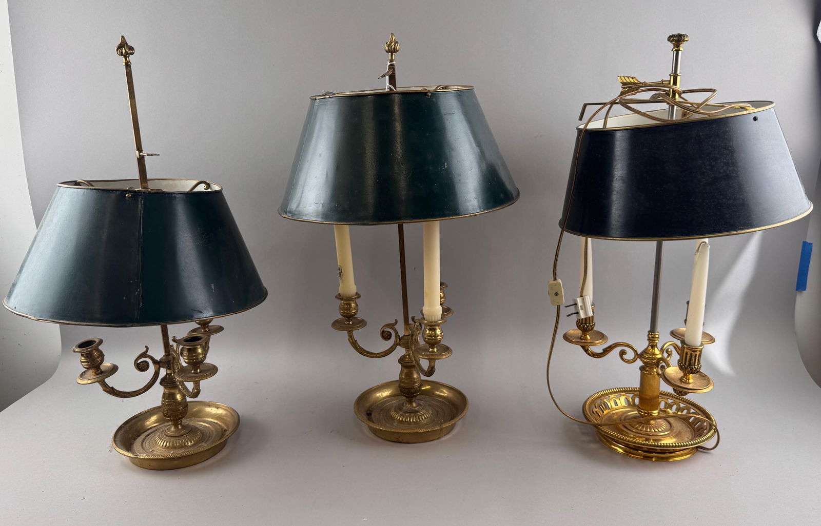 THREE BRASS BOUILLOTTE LAMPS 20th Century Heights to approx. 23". (1 of 4)