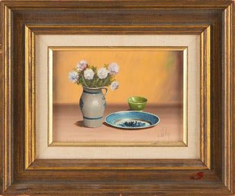 V. WELEY (The Netherlands, 20th Century), Tabletop still life of a plate, a small bowl and flowers