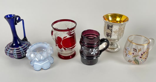 SIX GLASS ITEMS Late 19th/20th Century Heights from 2.75" to 5.5".
