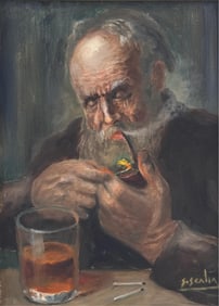 S. SCALIA (20th Century,), Man smoking a pipe., Oil on canvas, 16" x 12". Framed 17.5" x 21.5".