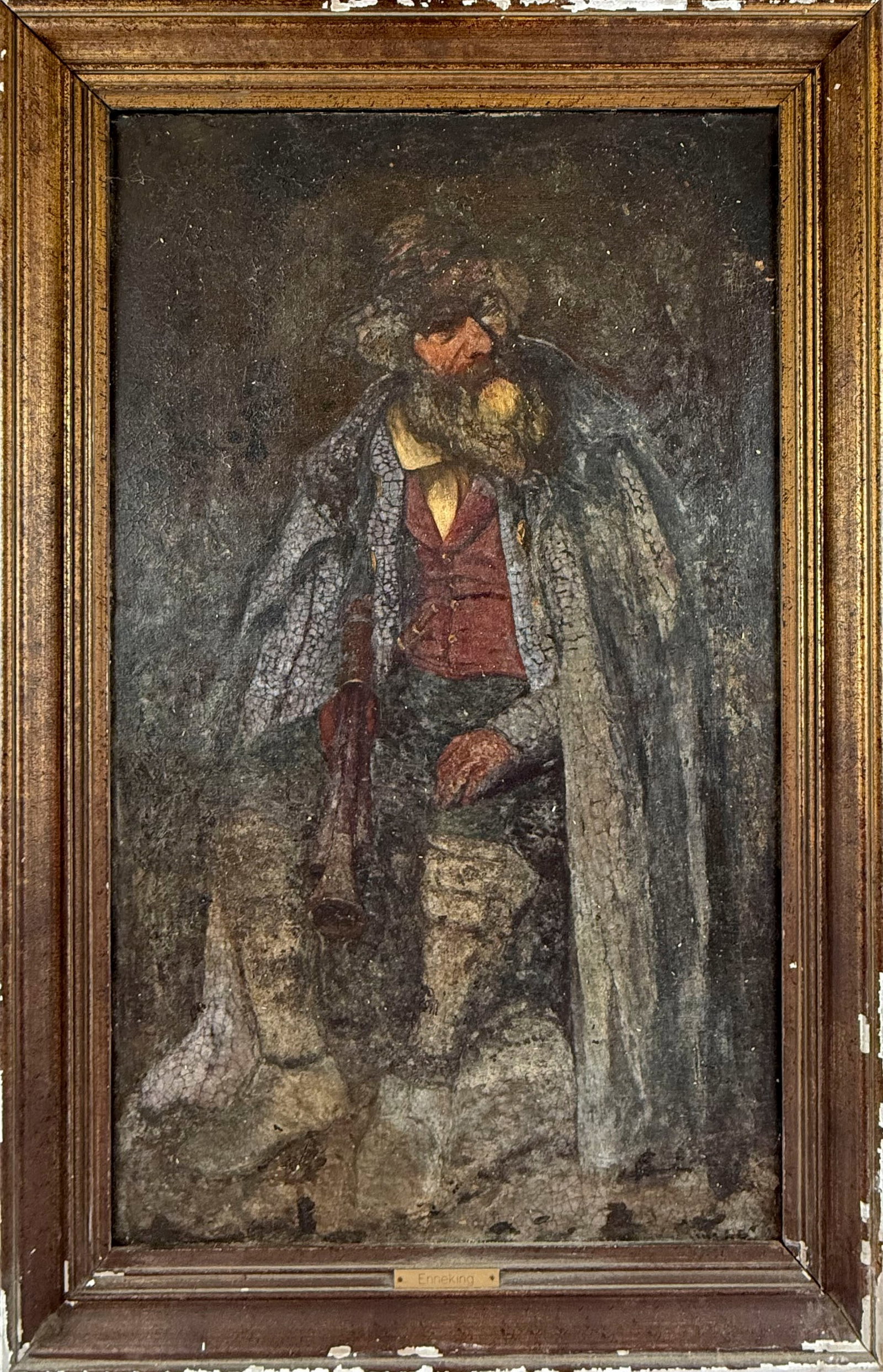 AMERICAN SCHOOL (Early 20th Century,), Portrait of an elderly man., Oil on canvas, 33" x 20". Framed: AMERICAN SCHOOL Early 20th Century Portrait of an elderly man. Faintly signed lower right. Frame plaque marked "Enneking". Fenway Art Center/ Giragos and Richard Der Garabedian label verso. Oil on can