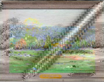 CHARLES GORDON HARRIS (Rhode Island, 1891-1963), Spring landscape with church., Oil on board, 9" x