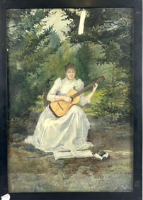 RICHARD ANDREW (Massachusetts, 1869-1956), A woman playing a guitar., Watercolor, 19.5" x 13.5"