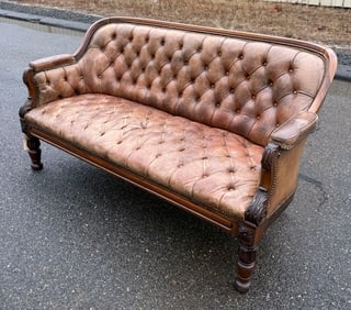LEATHER AND ROSEWOOD SOFA Late 19th Century Back height 36.5". Seat height 16". Length 64".