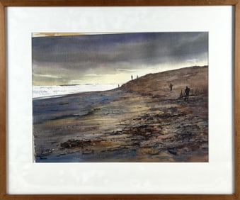 CURTIS ROSSER (Massachusetts, 1927-2005), Figures on a winter beach., Watercolor on paper, 14" x 18"