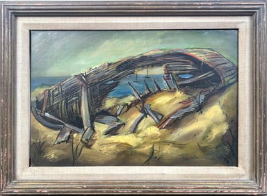 F. BROW (America, 20th Century), "Abandoned", depicting a ship's bones on the beach., Oil on board,