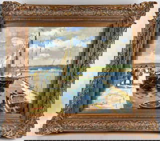 IMPRESSIONIST-STYLE PAINTING OF A WHARF SCENE Late 20th Century Oil on canvas, 20" x 24". Framed.