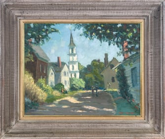 JOSEPH RIMINI (America, 1920-2000), "Cleaves Street, Rockport, Mass"., Oil on board, 16" x 20".