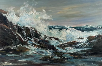 JERUSH MONTEZ (Massachusetts, Late 20th Century), Crashing waves., Oil on canvas, 24" x 36". Framed