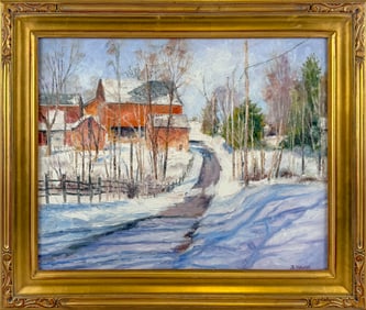 J. WALKER (America, Late 20th Century), Winter scene of a road and red barn., Oil on board, 16" x
