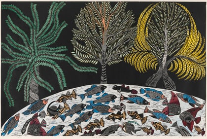 NEFERTITI GOODMAN (Rhode Island/Massachusetts, 1950-), "Fish of the Nile", 1979., Linocut with