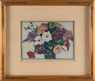 MARGARET JORDAN PATTERSON (Massachusetts, 1867/77-1950), "Petunias", circa 1930., Color woodcut