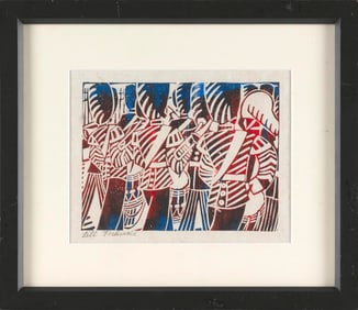 LILL TSCHUDI (France/Switzerland, 1911-2004), Guards, 1936., Linocut on Japanese paper, 6" x 7.75",