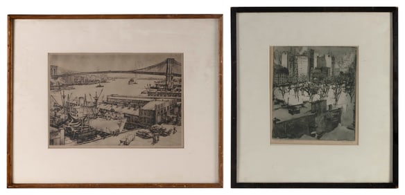 TWO ETCHINGS OF NEW YORK SCENES 20th Century Framed to approx. 18.5" x 22.75".