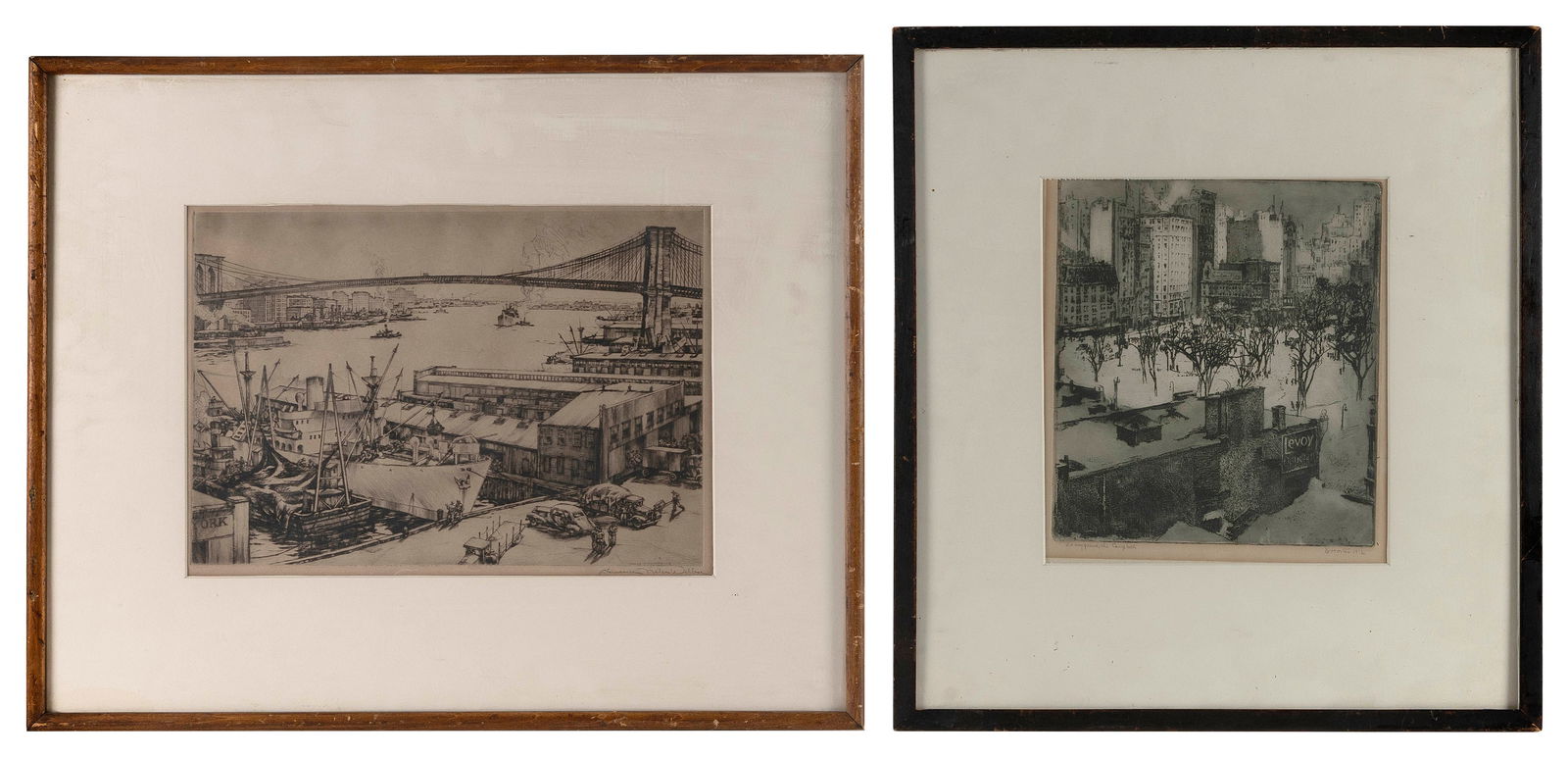 TWO ETCHINGS OF NEW YORK SCENES 20th Century Framed to approx. 18.5" x 22.75". (1 of 1)