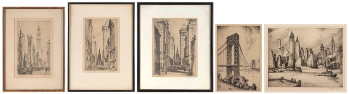 NAT LOWELL (New York, 1880-1956), Five New York City scenes:, Etchings, from 13.25" x 8.5" sight to