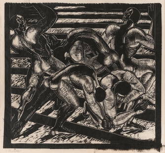 AMERICAN SCHOOL (Mid-20th Century,), Laboring male nudes., Woodcut on thin paper, 16.5" x 17.5".: AMERICAN SCHOOLMid-20th CenturyLaboring male nudes. Signed lower left "Rueggo" (artist untraced).Woodcut on thin paper, 16.5" x 17.5". Framed 24.25" x 25".