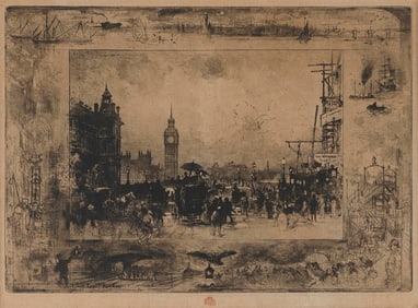 FELIX-HILAIRE BUHOT (France/England, 1847-1898), "Wesminster Bridge (Westminster Clock Tower)",
