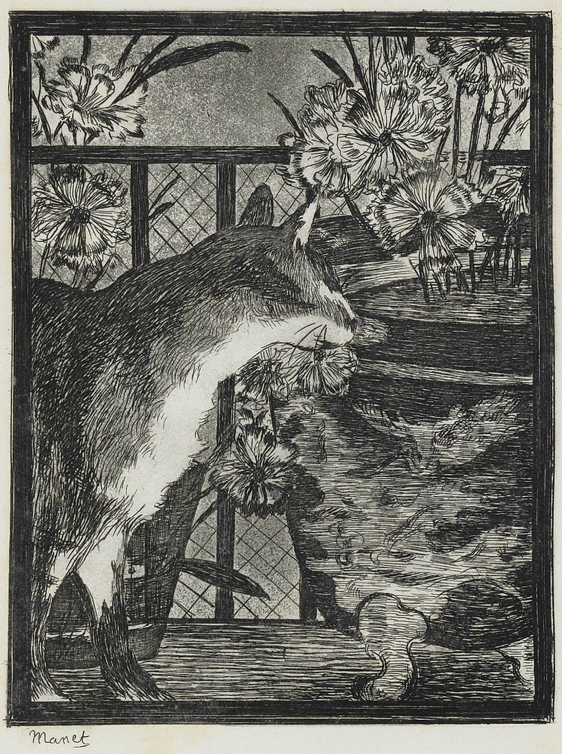 EDOUARD MANET (France, 1832-1883), "Le Chat et les Fleurs", 1869., Etching and aquatint, 6.75" x 5". (1 of 3)