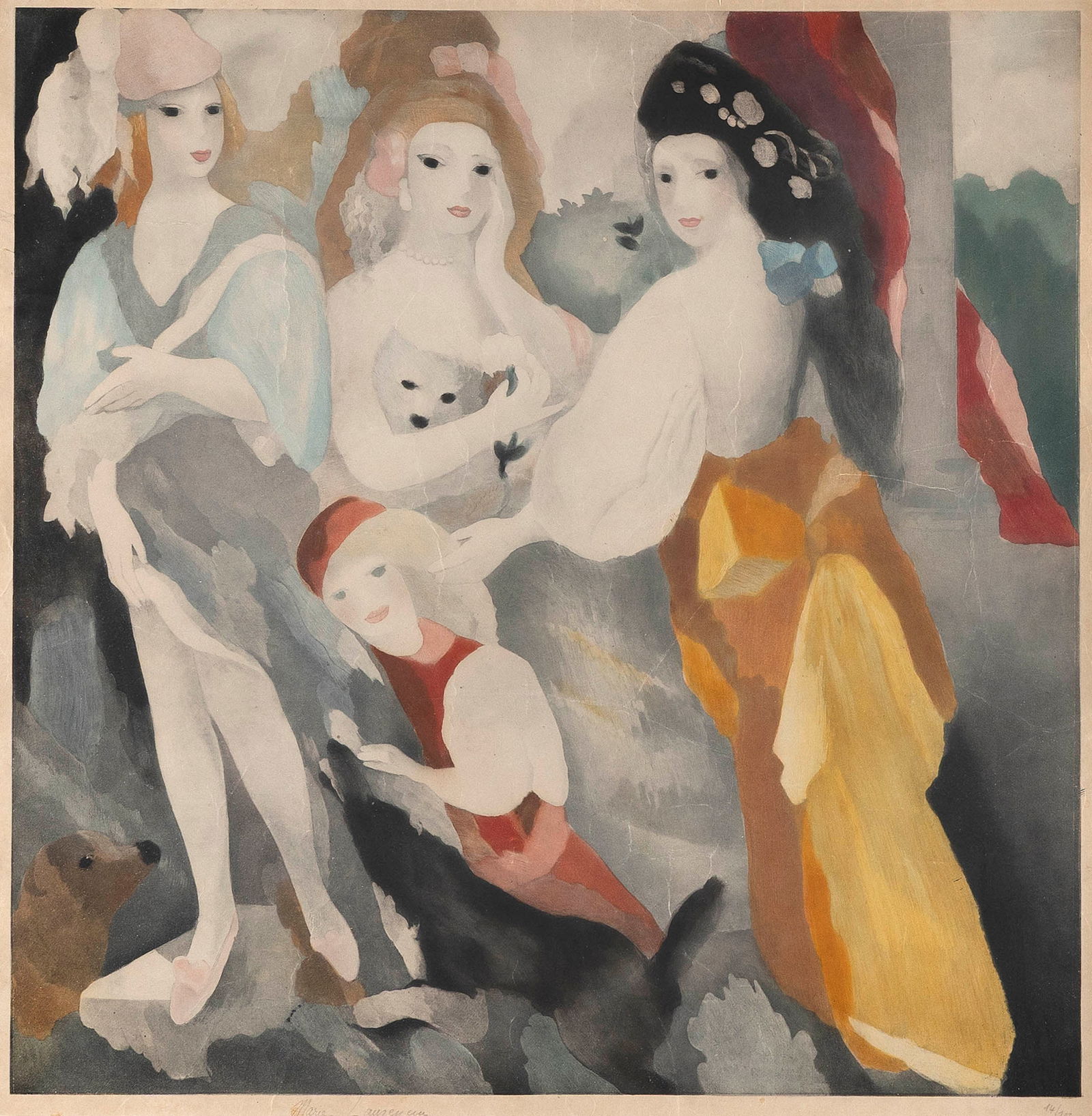AFTER MARIE LAURENCIN (France, 19th/20th Century), Young women with a dog., Color lithograph, 21.5": AFTER MARIE LAURENCINFrance, 19th/20th CenturyYoung women with a dog. Signed and numbered 14/700 in pencil lower margin.Color lithograph, 21.5" x 21.5" sight. Framed 29.75" x 29.75"