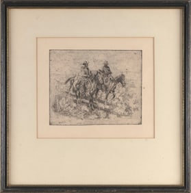 JOHN EDWARD BOREIN (California, 1872-1945), Cowtalk., Etching with drypoint, 8" x 9.5". Framed 20" x