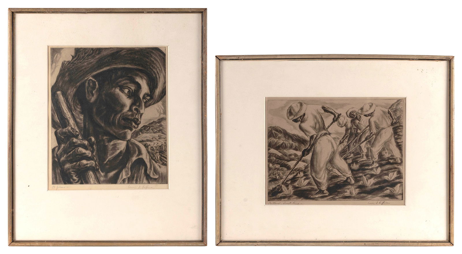 IRWIN D. HOFFMAN (New York/Massachusetts, 1901-1989), Two figural views:, Etchings, approx. 12" x: IRWIN D. HOFFMANNew York/Massachusetts, 1901-1989Two figural views: 1) "Pastoral Puerto Rico", 1938. Signed and titled in pencil lower margin.2) "El Jibaro", 1940. Signed and title