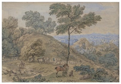 DIRK MAES (The Netherlands, 1659-1717), Huntsmen resting near a stream., Watercolors over black