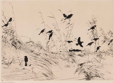 FRANK WESTON BENSON (Massachusetts, 1862-1951), "Blackbirds and Rushes", 1920., Drypoint, 9.75" x