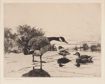 FRANK WESTON BENSON (Massachusetts, 1862-1951), "Goose and Teal", 1917., Etching, 6" x 7.75". Framed