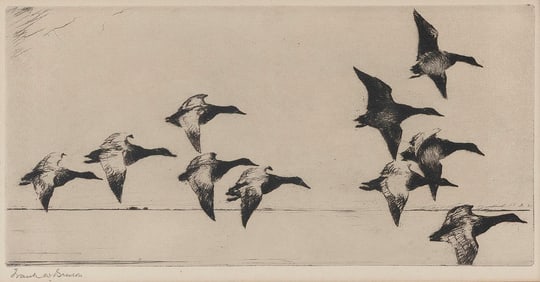 FRANK WESTON BENSON (Massachusetts, 1862-1951), "Canvasbacks", 1926., Drypoint, 6.5" x 12.25" sight.